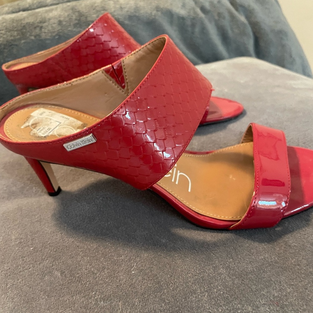 Calvin Klein Red Patent Leather Two-Band Mule Heels